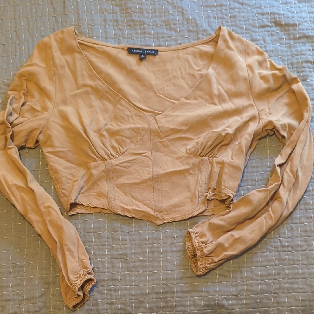 Kendall & Kylie Tan Long Sleeve Ruched Crop Blouse